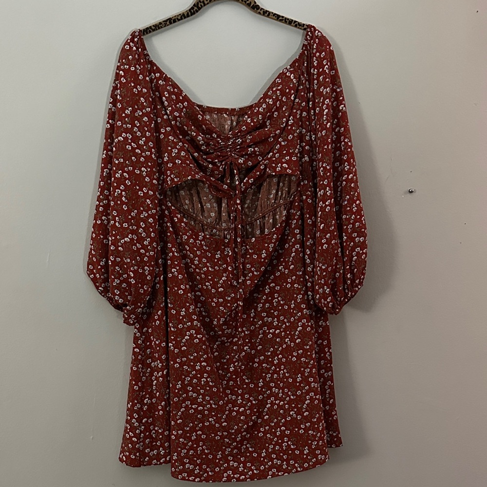 Off Shoulder Floral Rust Dress with Puff Sleeves